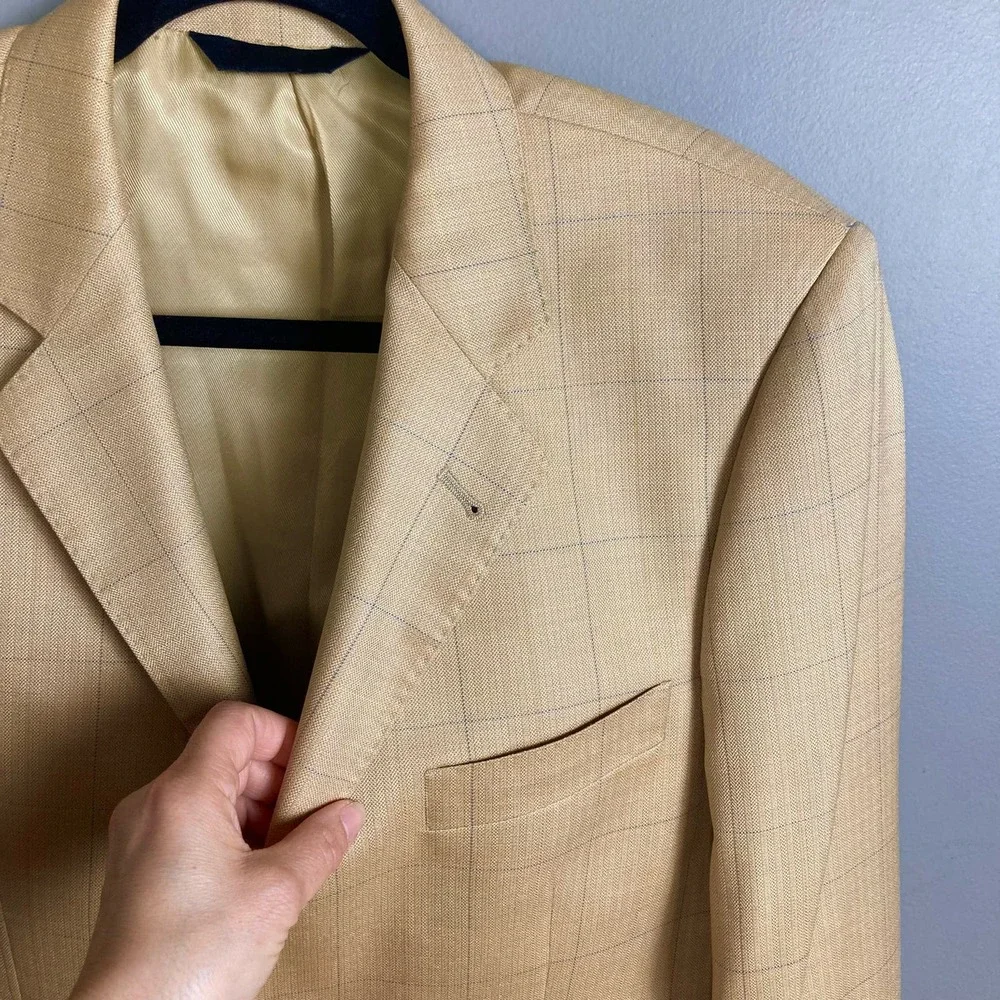 Baroni‎ Couture Sport Coat  Size 38R Tan Camel Plaid Wool Blazer light neutrals